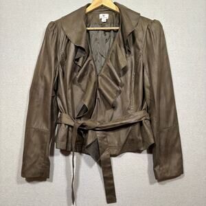 Worthington Women's Faux Leather Ruffle Jacket XL Brown Belted Cropped Chic Edgy